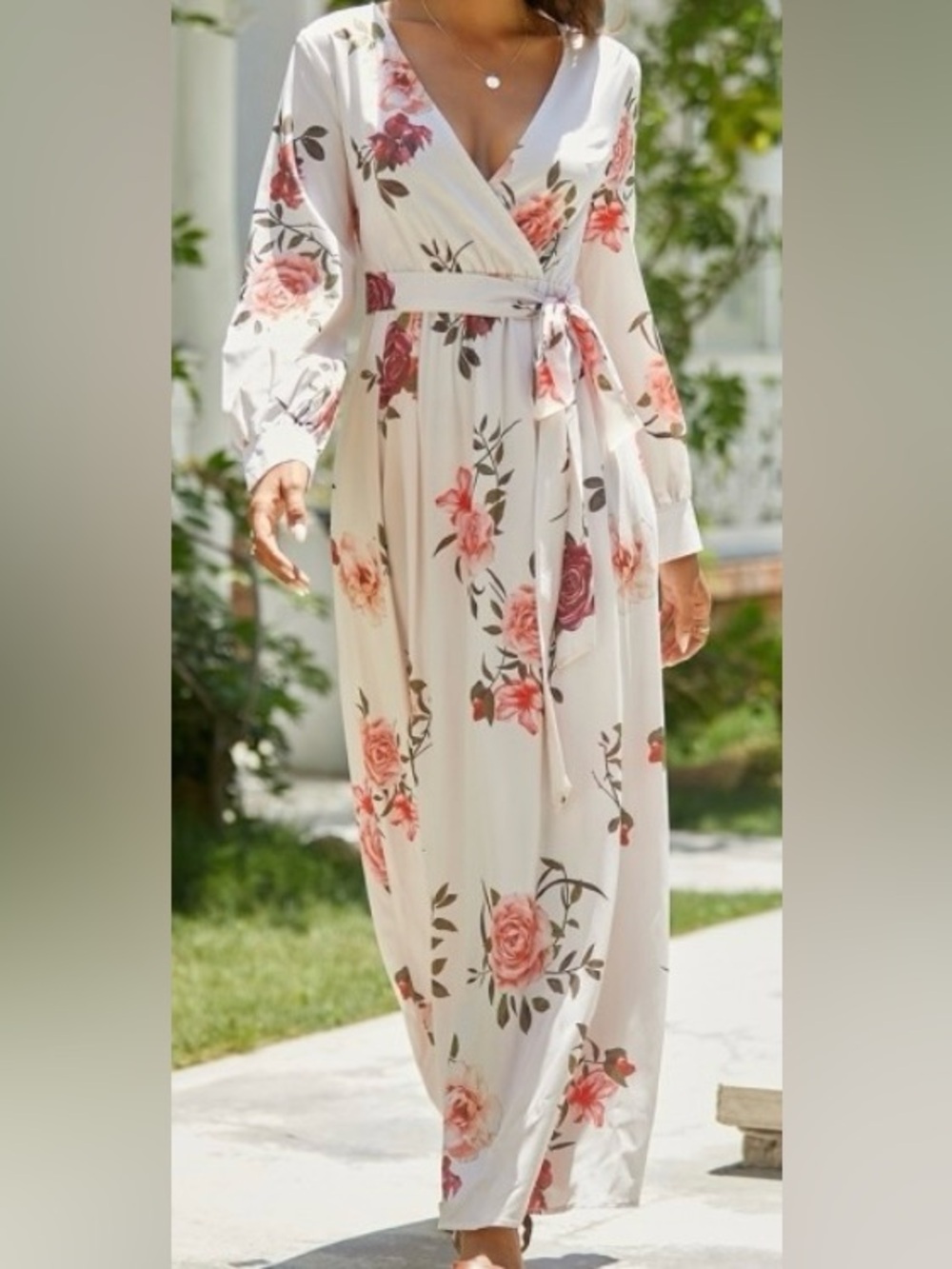 Curvedream ivory long sleeve floral maxi v-neck dress, size XL, fits like L - Picture 2 of 10
